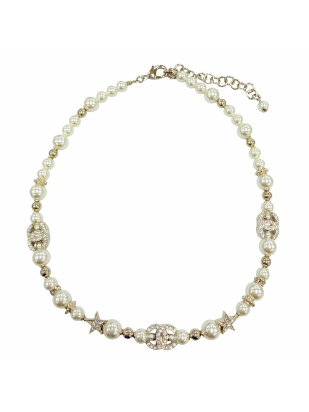 Chanel CC Logo Star Eco Pearl Rhinestone Necklace White Gold